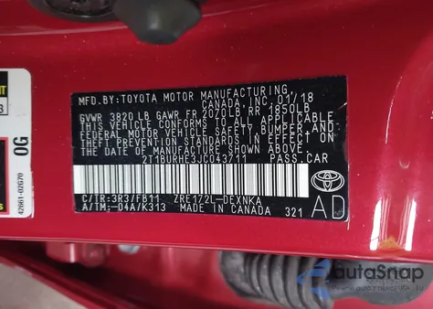 2018 Toyota Corolla Le from USA, damaged, VIN 2T1BURHE3JC043711